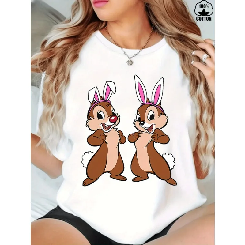 تي شيرت نسائي مطبوع عليه ديزني عيد الفصح تشيكي آند تيتي باني من القطن كاجوال بأكمام قصيرة ورقبة دائرية، ملابس صيفية مريحة