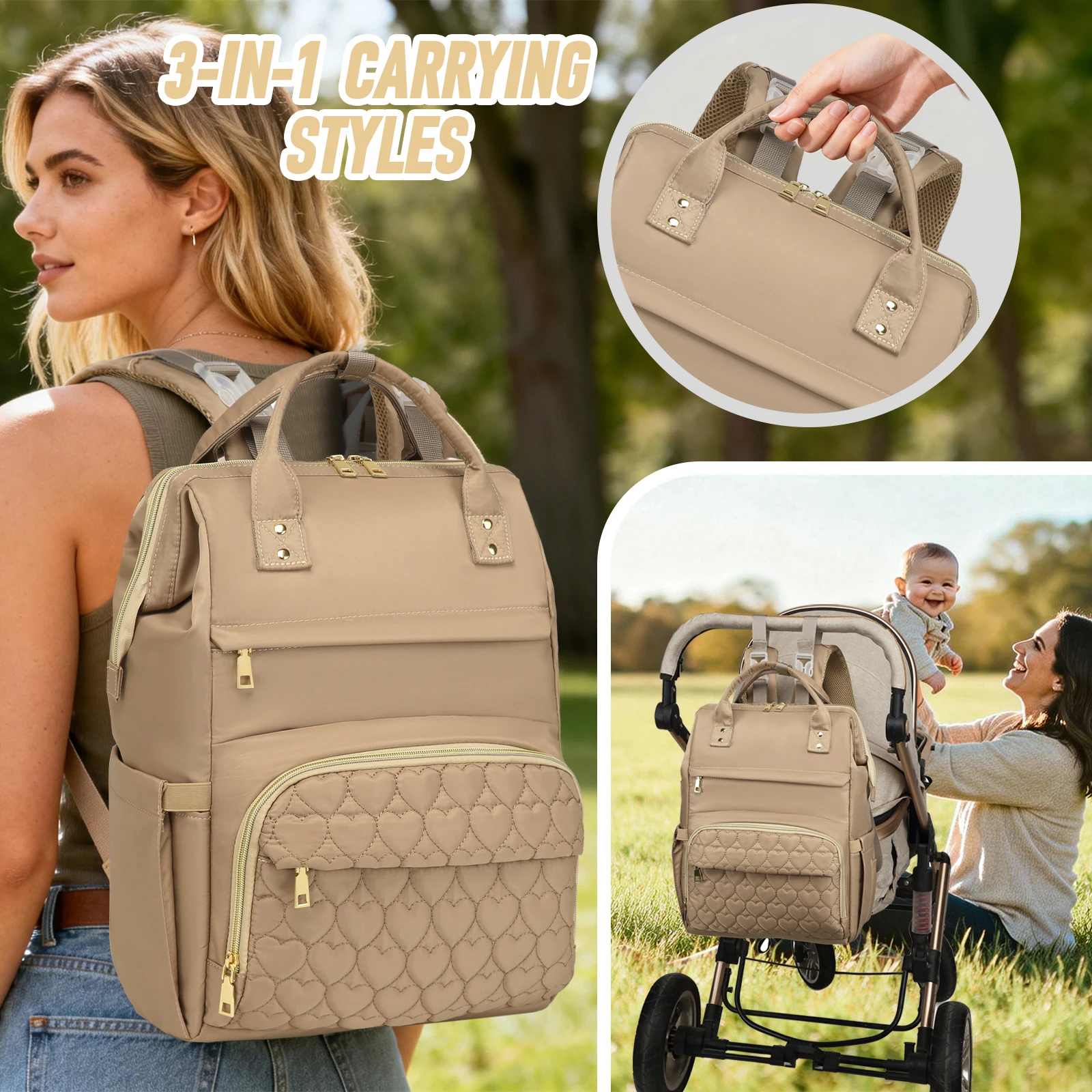 Diaper Bag Backpack Baby Essentials Tote Insulated Pocket Waterproof Travel Bag with Changing Station Pad Stroller Straps for Mo