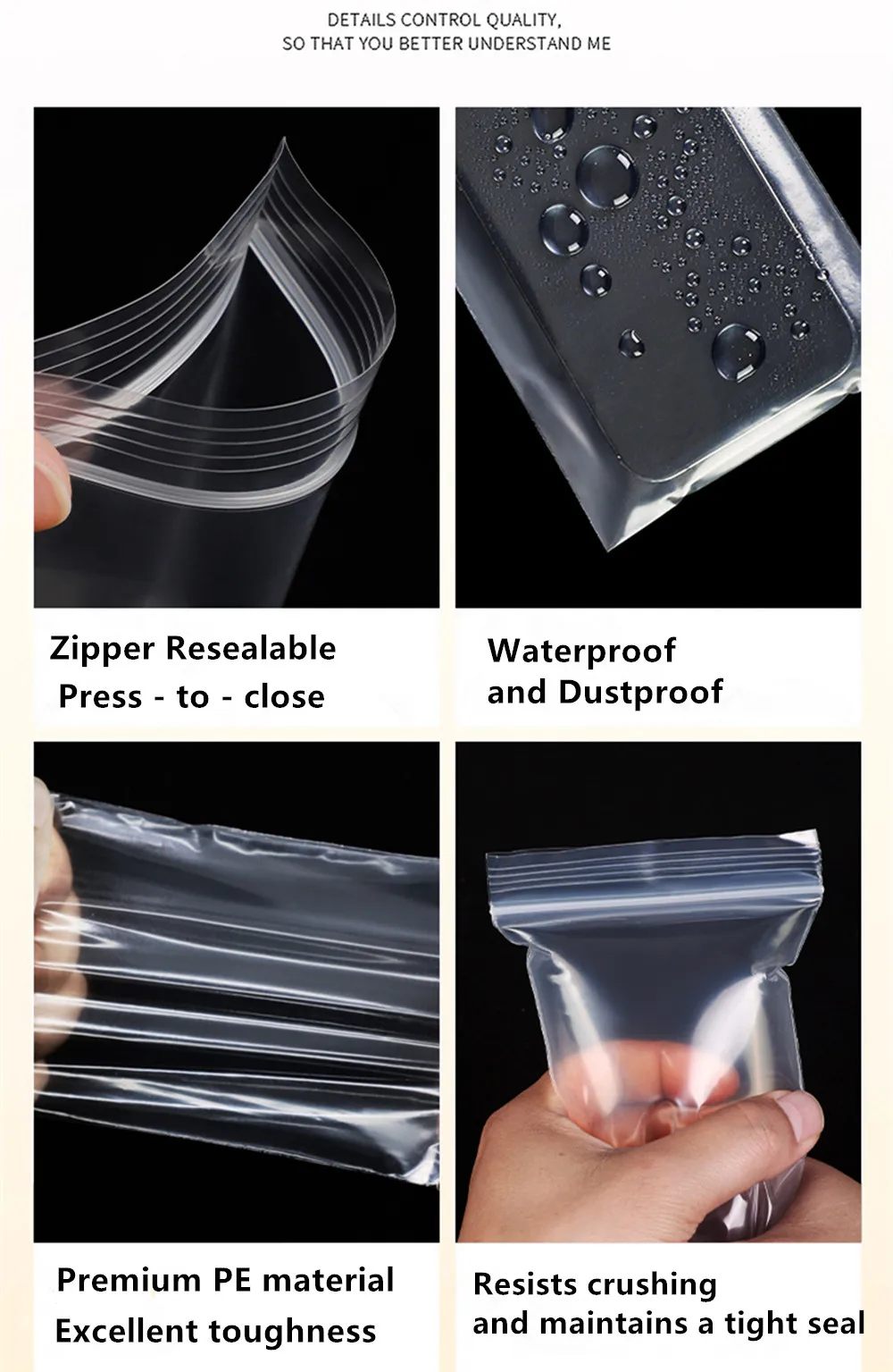 100 Stück durchsichtige, verdickte PE-Selbstversiegelungsbeutel, wiederverschließbare Zip-Lock-Plastikbeutel für Snacks / Kleidung / Reisen / Buchverpackungen – Detail 4
