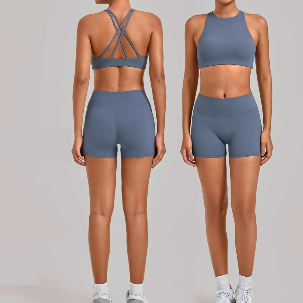 Cross Back High Impact Padded Push Up Sports Bra + Quick Dry Shorts Sets Women 2Pieces Yoga Sets Tight fitting Fitness Short Set