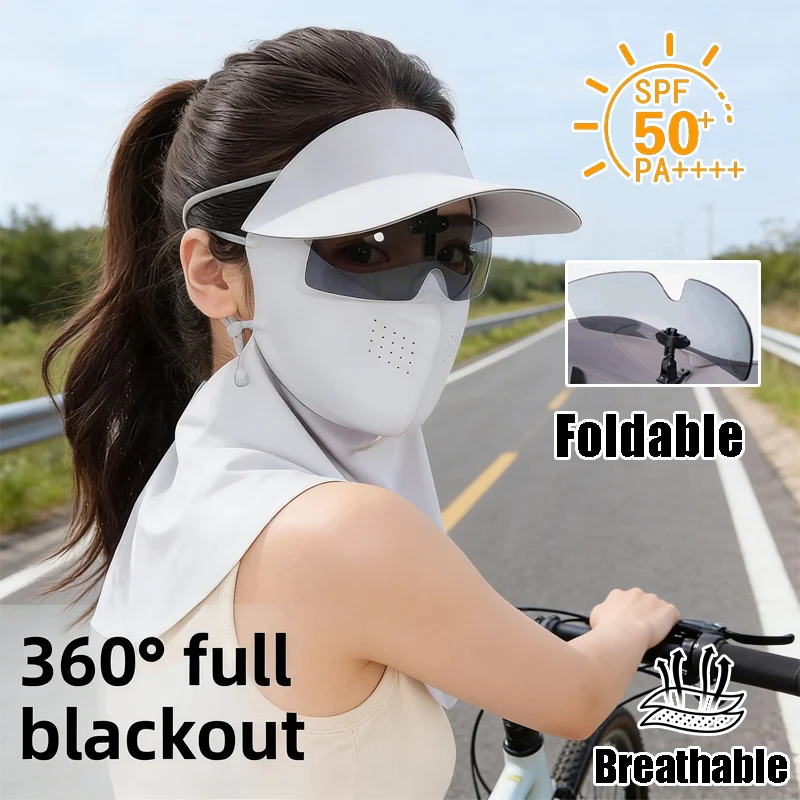

Women’s Summer Full Coverage Sun Hat Face Mask Ice Silk Material with Attached Sunglasses UV-Protective Breathable Outdoor