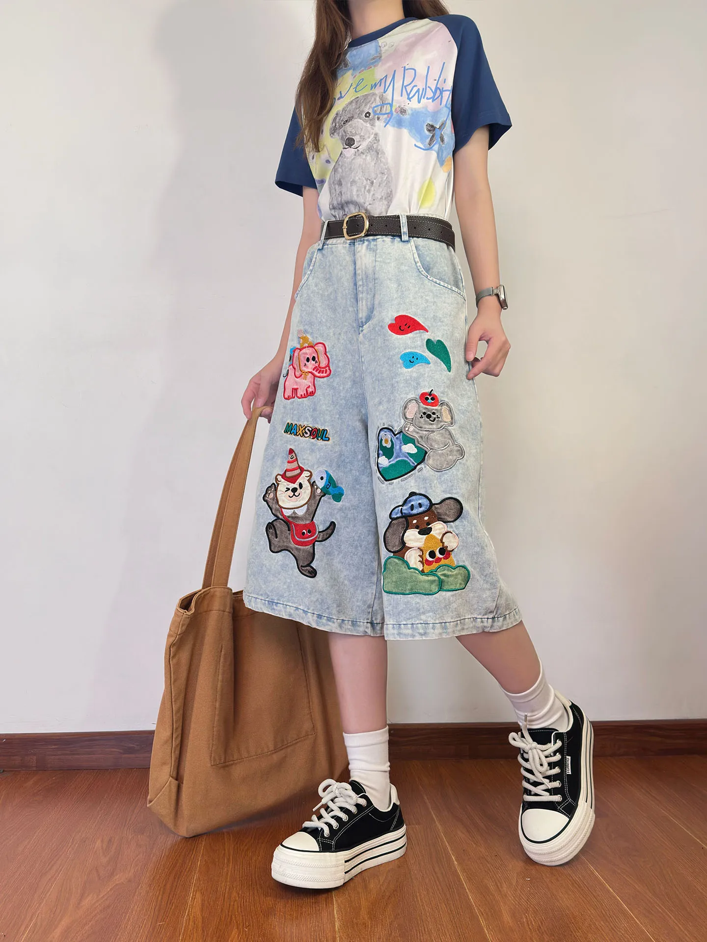 

Waed Denim ort Pants Women Loose Seven-Five Jeans Summer Original American Retro Cartoon Embroidery Comfortable Loose Fit