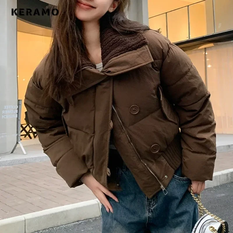 Women Casual Sweet Long Sleeve Single Breasted Parkas 2024 Winter Y2K Short Outerwear Jacket Fashion Warm Solid Color Thick Coat