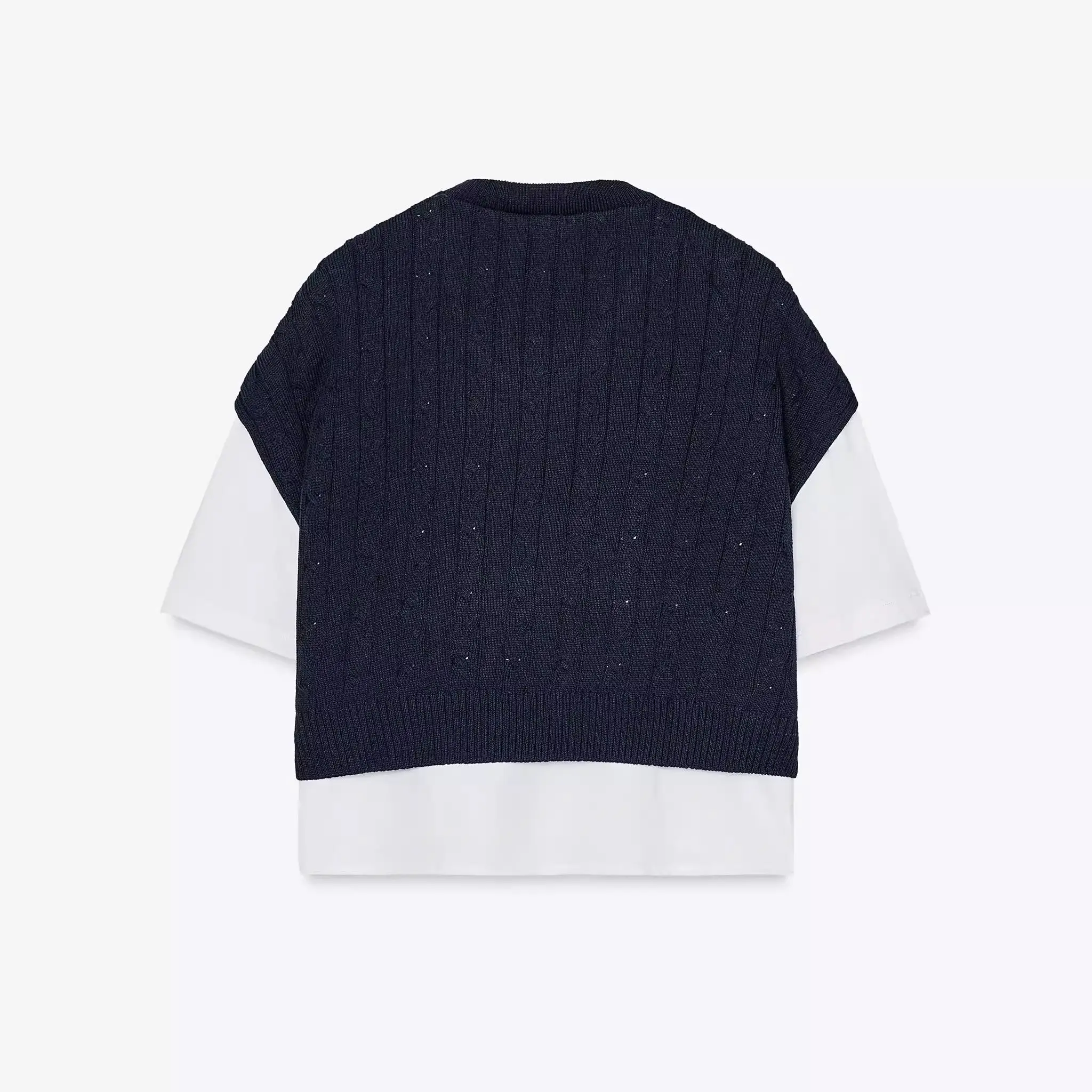 2025년 봄 여성용 면 혼방 반팔 라운드넥 베스트 티셔츠 편안한 패치워크 디자인 출퇴근 스타일 니트 탑