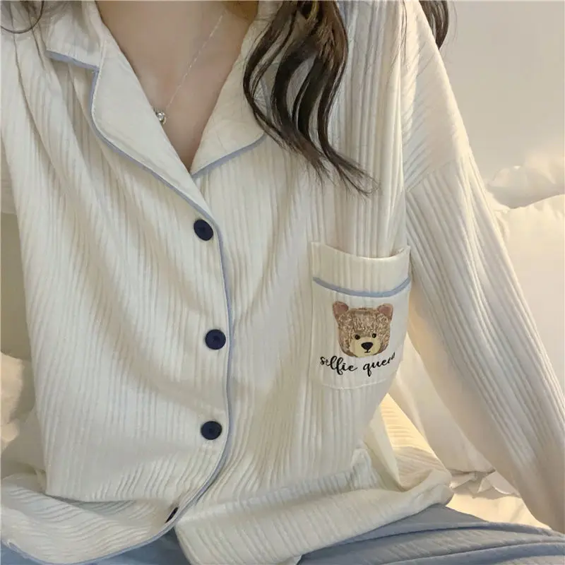 Pajamas Women\'s Autumn and Winter Cardigan Sweet Simple Student Cute Cartoon Spring Loungewear Set