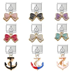 2025 NEW Popular Bow Anchor Pendant Elastic Charm Italian Links Fit 9mm Modular Bracelet Making DIY Jewelry Bulk