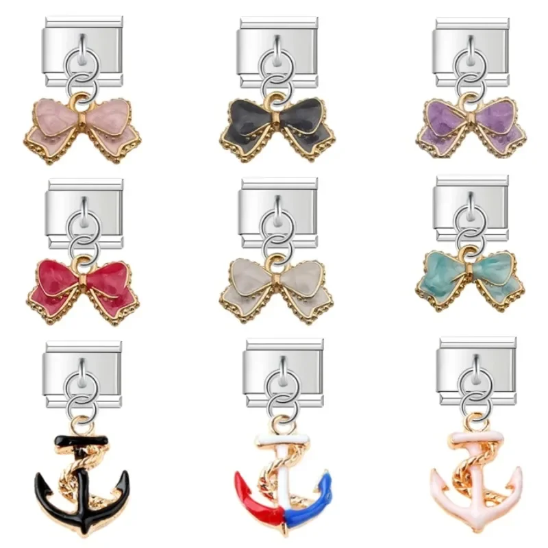 2024 Popular Bow Anchor Pendant Elastic Charm Italian Links Fit 9mm Modular Bracelet Making DIY Jewelry bulk