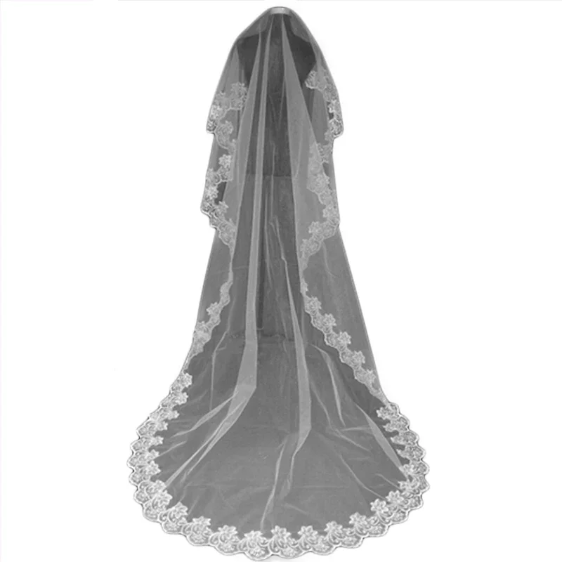 Véu De Casamento Longo Voile Com Renda, Catedral Véu De Noiva, Acessórios De Casamento, Cheaps De Algodão, Véu Simples, Sem Pente, 3 m