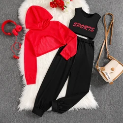 3 Piece Set Fashion Girls Set Spring And Autumn Hooded Mesh Shorts Sweater Tank Top Long Pants Casual