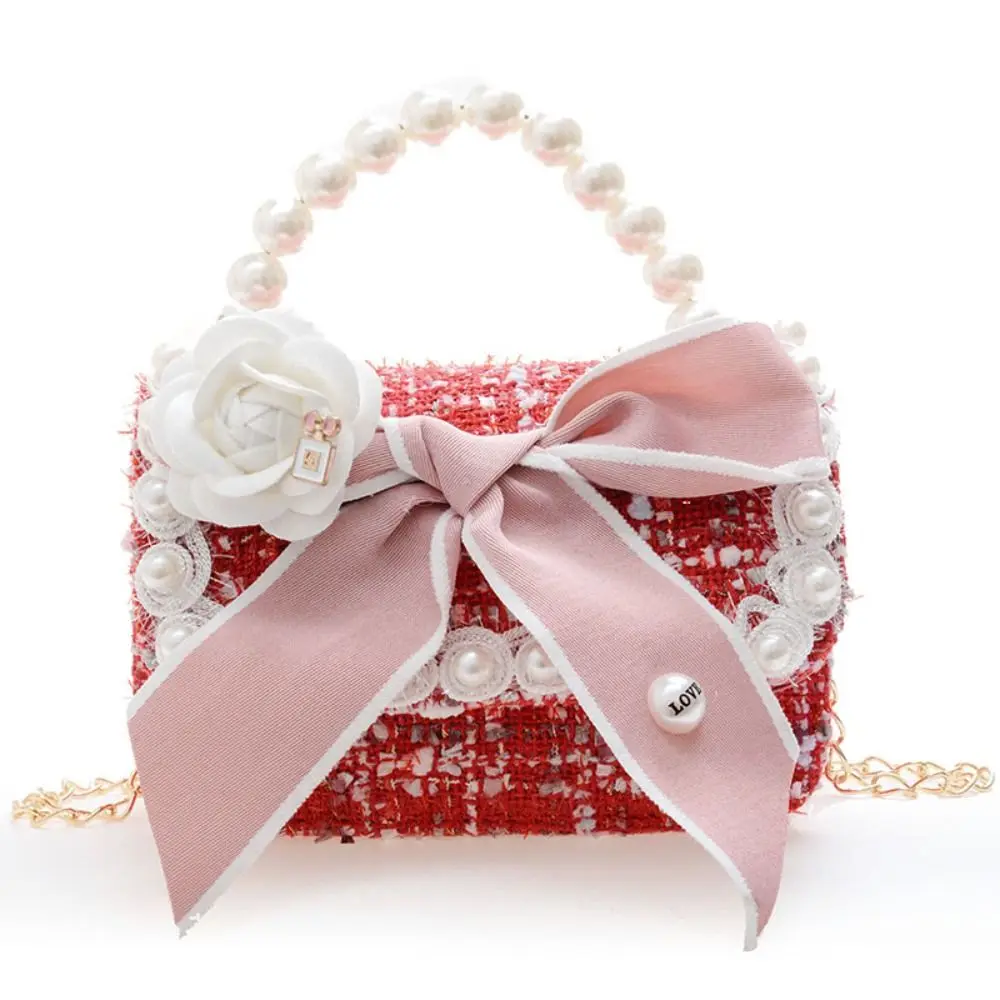 Cute Bow-knot Mini Chain Crossbody Bag Pearl Handle Square Kid's Handbag Coin Purse Clutch Bag Princess Shoulder Bag