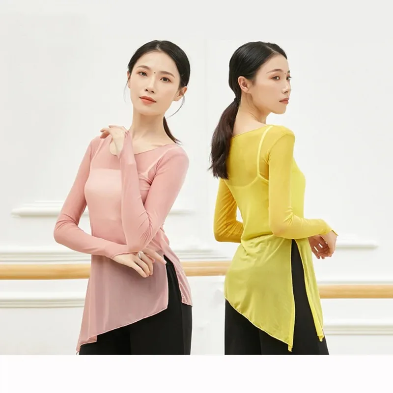 

Классический танцевальный топ для женщин: прозрачная сетчатая блузка из тюля с длинными рукавами-фонариками, тренировочный топ с разрезом по бокам