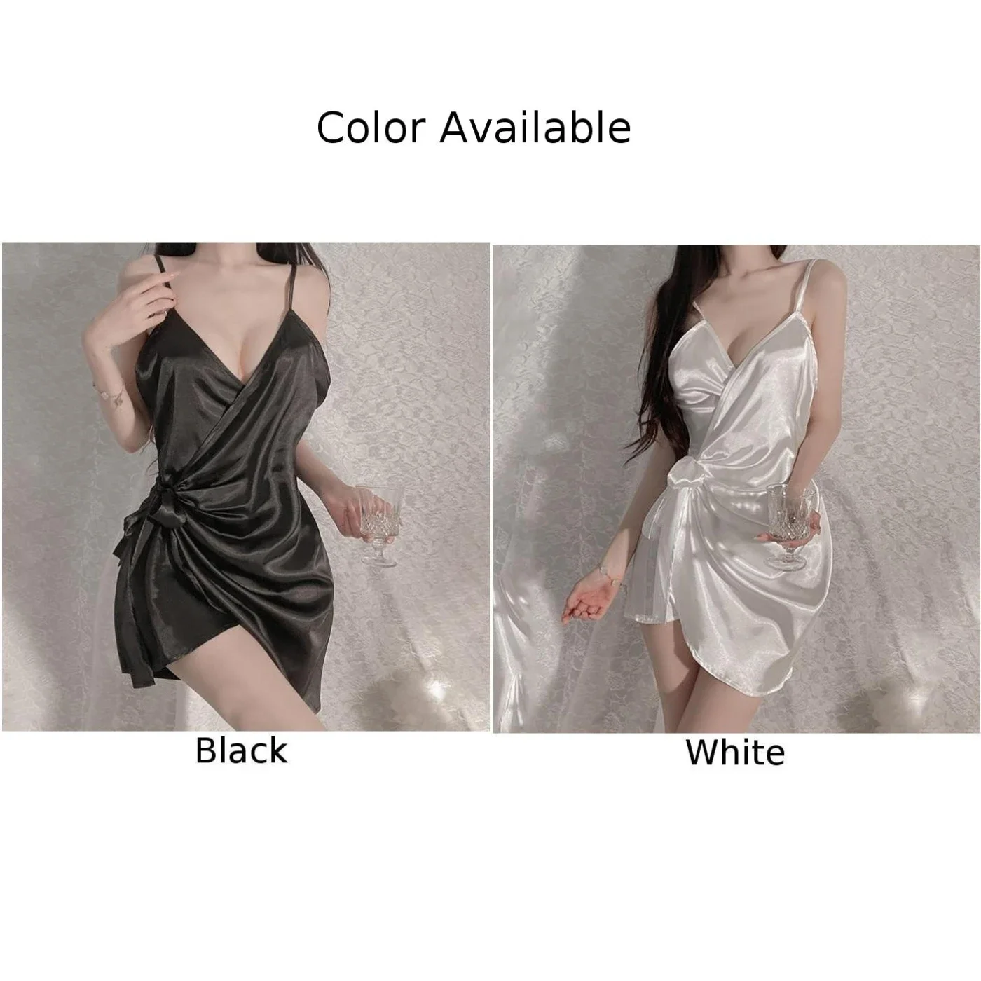 Women Sexy Satin Pajamas Deep V Spaghetti Straps Slip Dress Nightwear Asymmetric Solid Color Bodycon Lace-up Dress Sleepwear