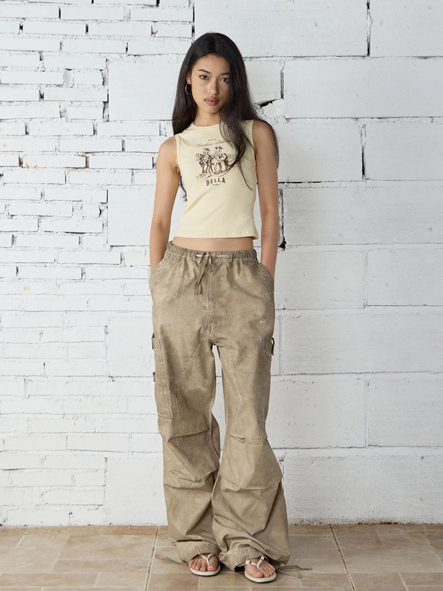 

Брюки карго цвета хаки свободного кроя с эффектом потертости, уличные, с эластичным поясом, длинные, 100% хлопок, повседневные