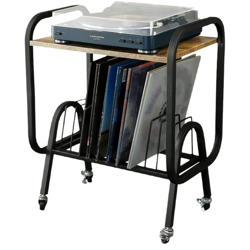 Home record player placement rack movable vinyl record rack iron and wood combined with small side table newspaper