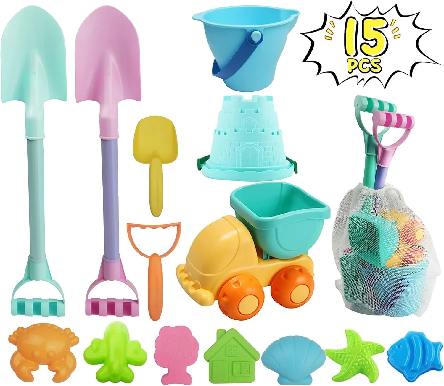 

15 PCS Beach Sand Toys Set with Mesh Bag, 2 Long Shovels, Dump Truck, Buckets, Molds for Kids Toddlers Boys Girls Age 3+