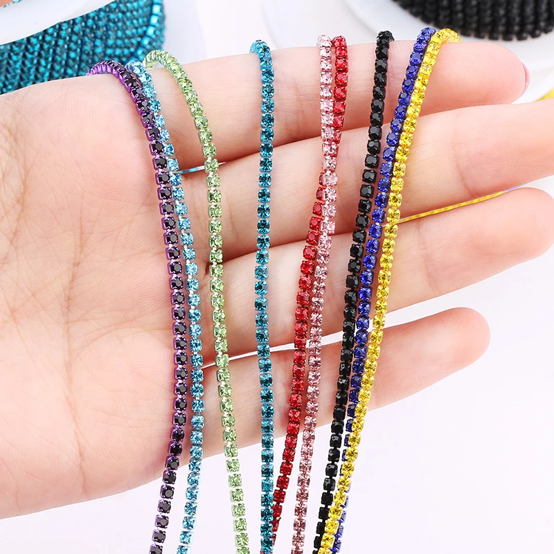 2yards Rhinestones Chains for Needlework Colorful Glass Glitter Crystal Strass Trimming DIY Rhinestones Clothes Decor Crafts