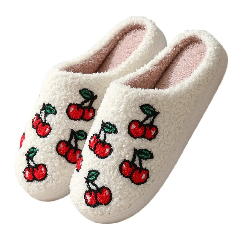 Kawaii Strawberry Fruit Plush Slippers Cherry Pineapple Winter Fluffy Slippers Toe Wrap Warm Soft Plush Slippers Student