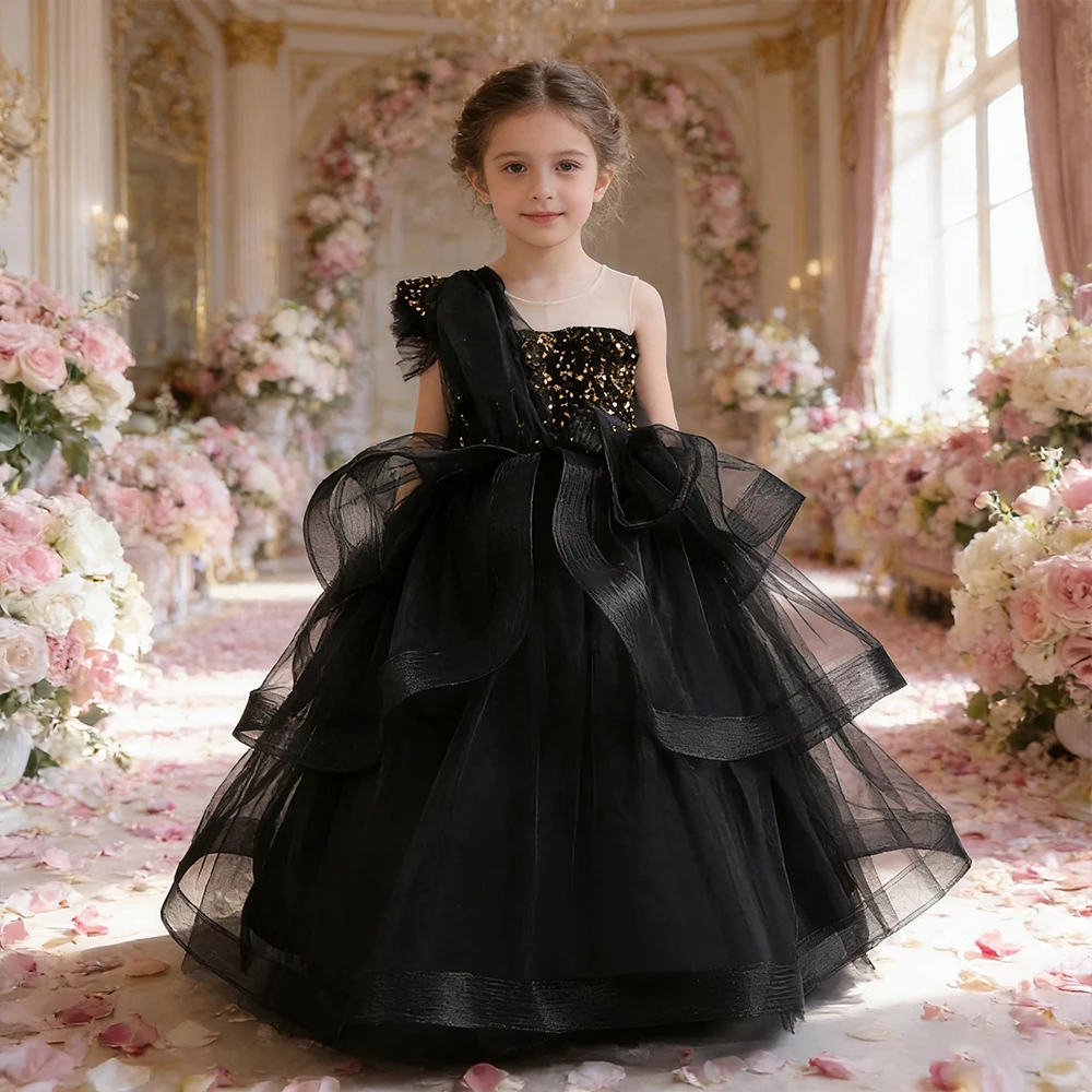 

Роскошное платье принцессы без рукавов для девочек-подростков, элегантное черное платье для фортепиано, торжественное свадебное вечернее платье для девочек на день рождения