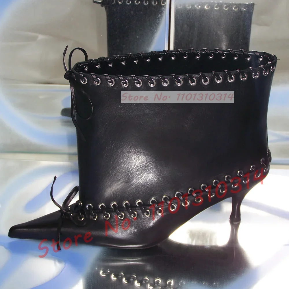 Metal Eyelets Pointy Kitten Heel Ankle Boots Women Trendy Wide Calf Laced Decor Cow Leather Booties Luxury Trendy Bowknot Shoes