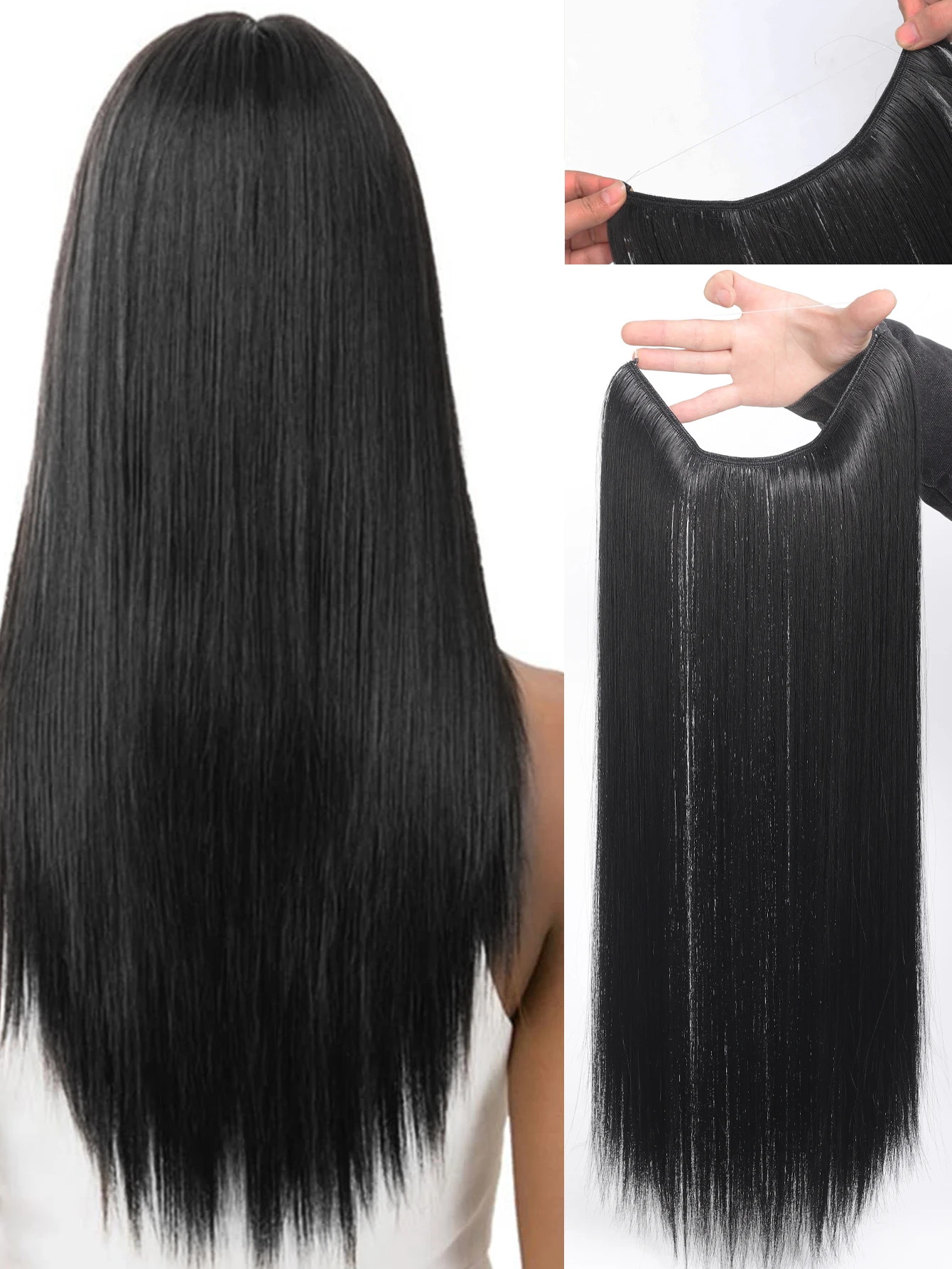 

24Inch Synthetic Invisible Wire No Clips In Hair Extensions Fish Line Hairpieces Hair Extensions Fake Hair For Women