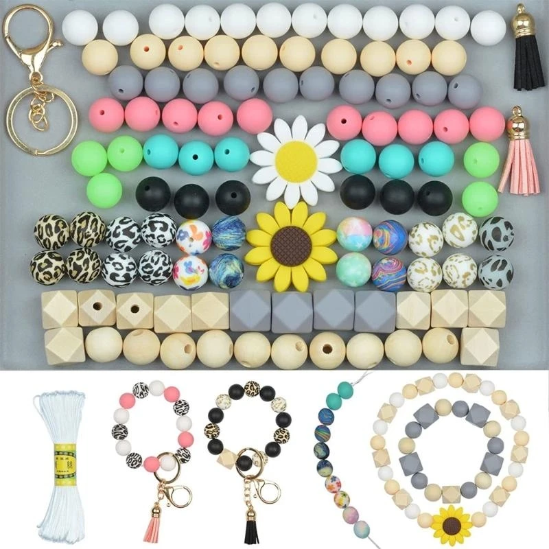 DIY 실리콘 비즈 팔찌 만들기 자동차 키 체인 탄성 열쇠 고리 술 페르시 열쇠 고리 액세서리 라운드 비즈 키트 15UB