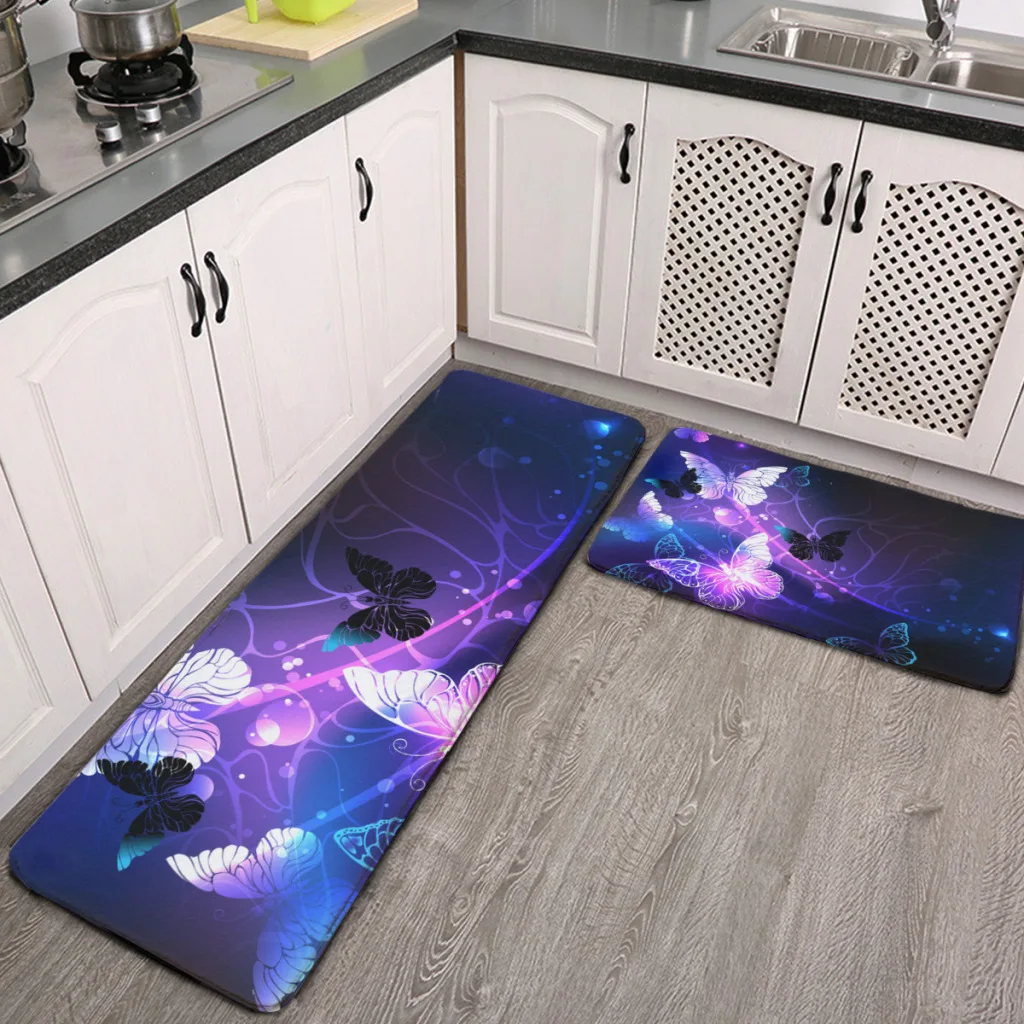 2Pc Kitchen Glowing Night Butterflies Purple On Black Print Floor Mat Living Room Tableware Decor Carpet