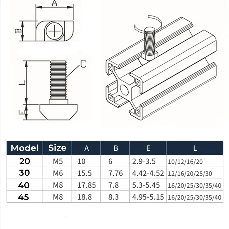 Eu Standard M5 M6 M8 T Shaped Hammer Bolt T-Slot Aluminum Profile Hexagon Flange Nuts Nickel Plated For 20/30/40/45