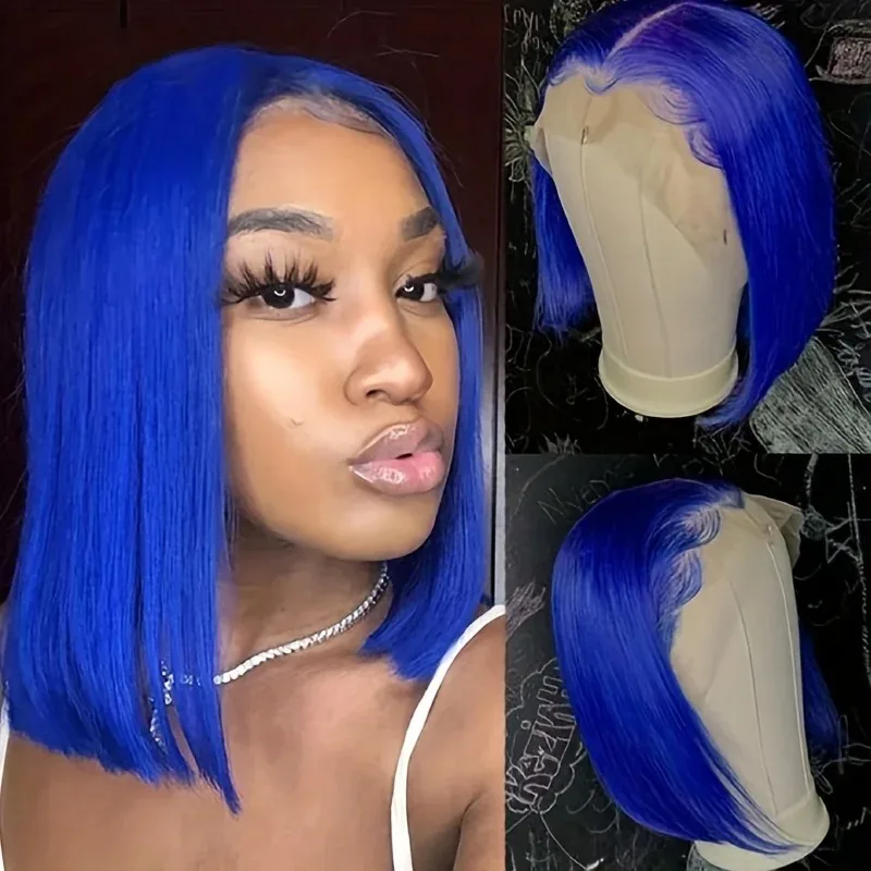 

180density Navy Blue Short Bob Wig 13x4 Lace Transparent Frontal Wigs Blue Straight Synthetic Lace Front Wig Preplucked
