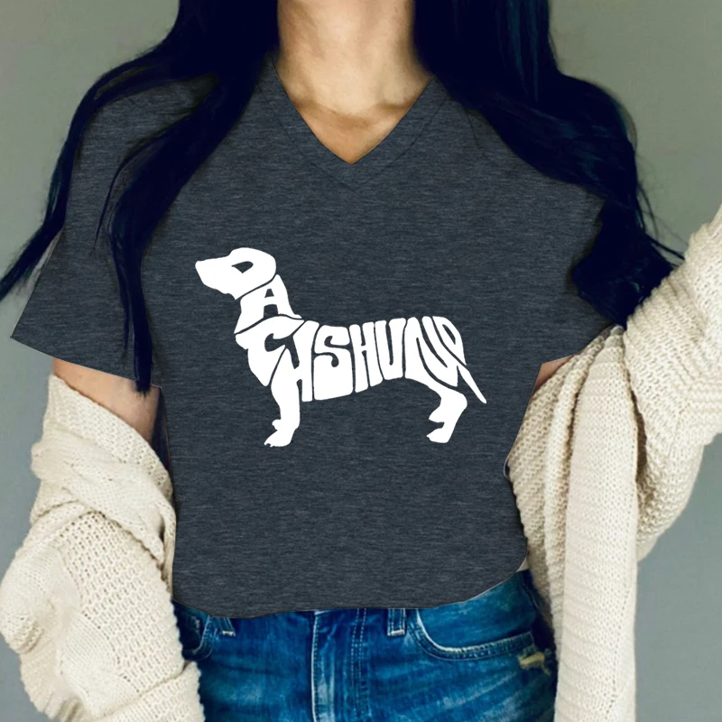 T-shirt graphique de contour de teckel haut de gamme pour femmes, t-shirts de mot de teckel drôle, impression de mot, vêtements d'été, clé vertébrale essentielle de chien