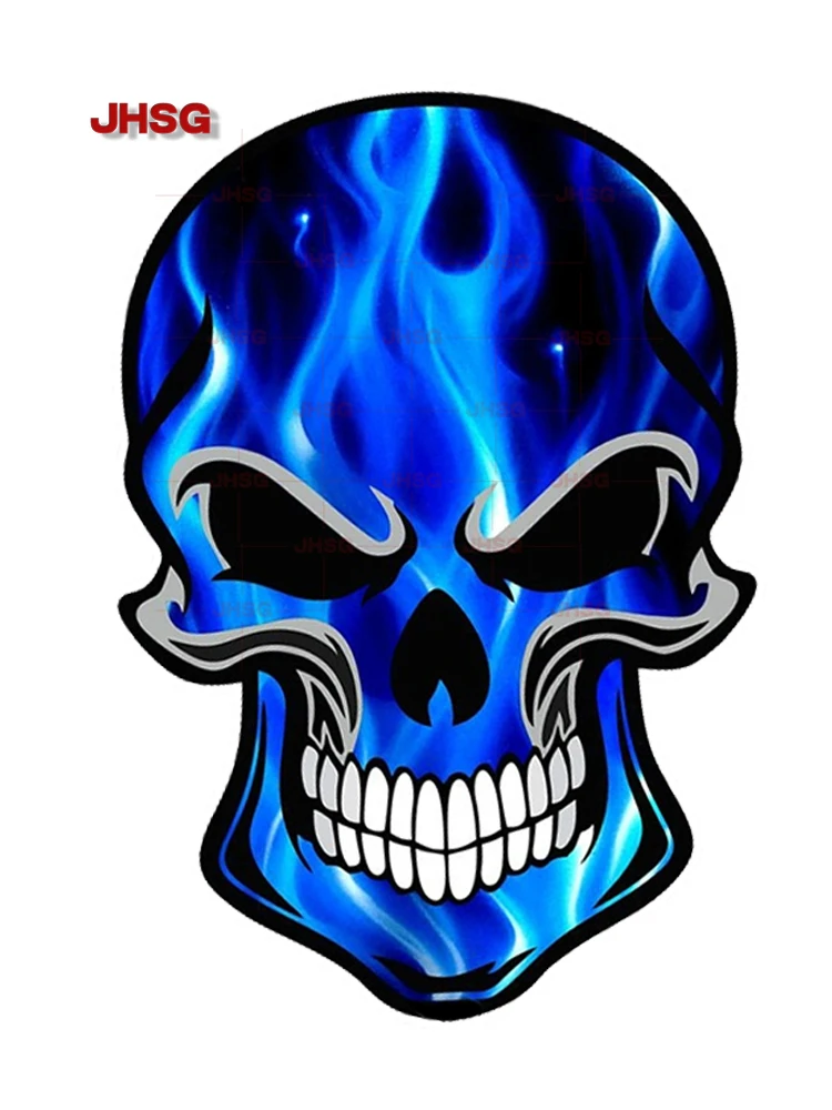 JHSG Fashion Motorcycle Gothic Skull with Electric Blue Flame Flame Pattern Exterior Car Sticker Car Engine Decorative PVC Decal