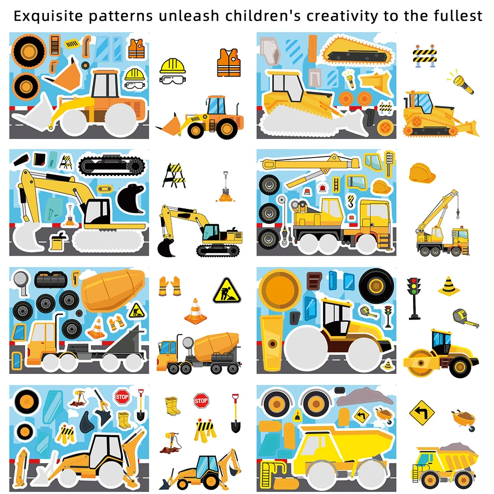 8/16 시트 엔지니어링 차량 퍼즐 스티커 트럭 얼굴 만들기 어린이 DIY 조립 퍼즐 데칼 재미 있은 장난감 파티 게임 선물