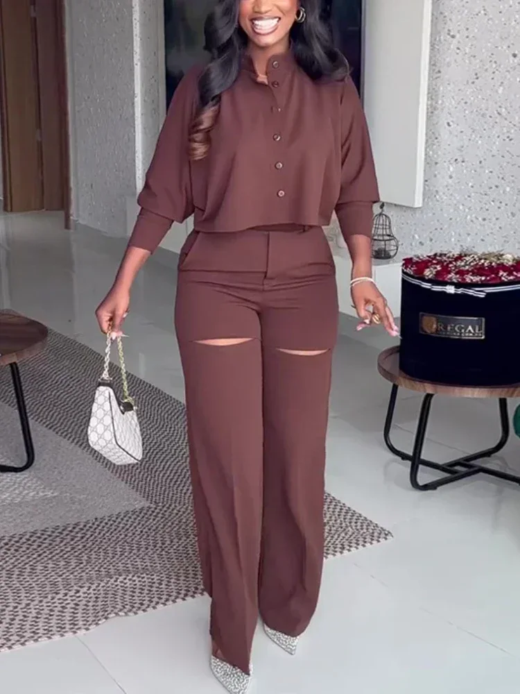 

Women Fall Pant Sets 2 Piece Outfits Elegant Buttons Up Cropped Shirt Tops and Thigh Slit Straight Pants Office Lady Suits Brown