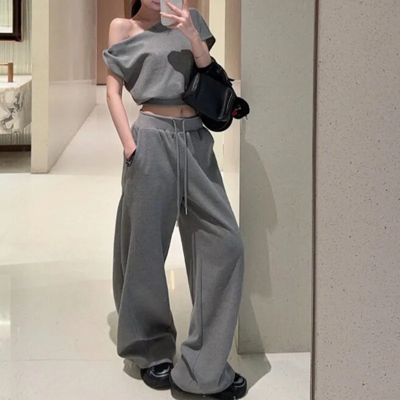 2026 Casual Set Twisted Shoulder T-shirt Women's Summer Drawstring High Waist Straight Leg Pants Lazy Two Piece Set 트위드 투피스