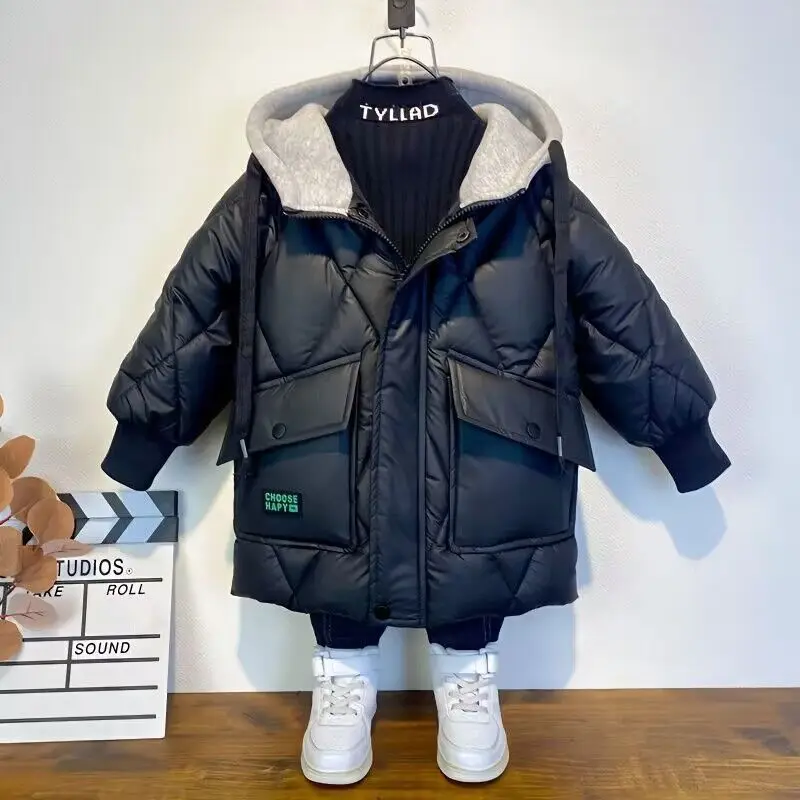 

2023 Winter New Boys Jacket Thicken Waterproof Cold Protection Lambskin Hooded Down Cotton Outwear For 4-10 Years Old Kids