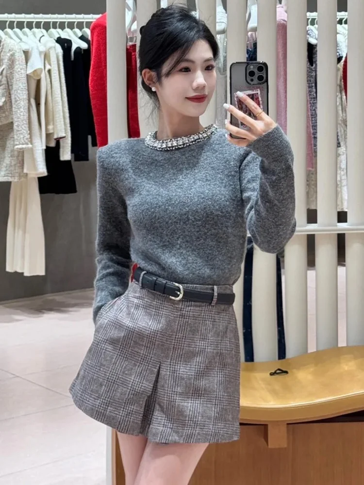 Ele ort Maglione lavorato a maglia con abbellimento di diamanti rotondo Ne Long Sve Top da donna per i pendolari autunnali Simple Sle