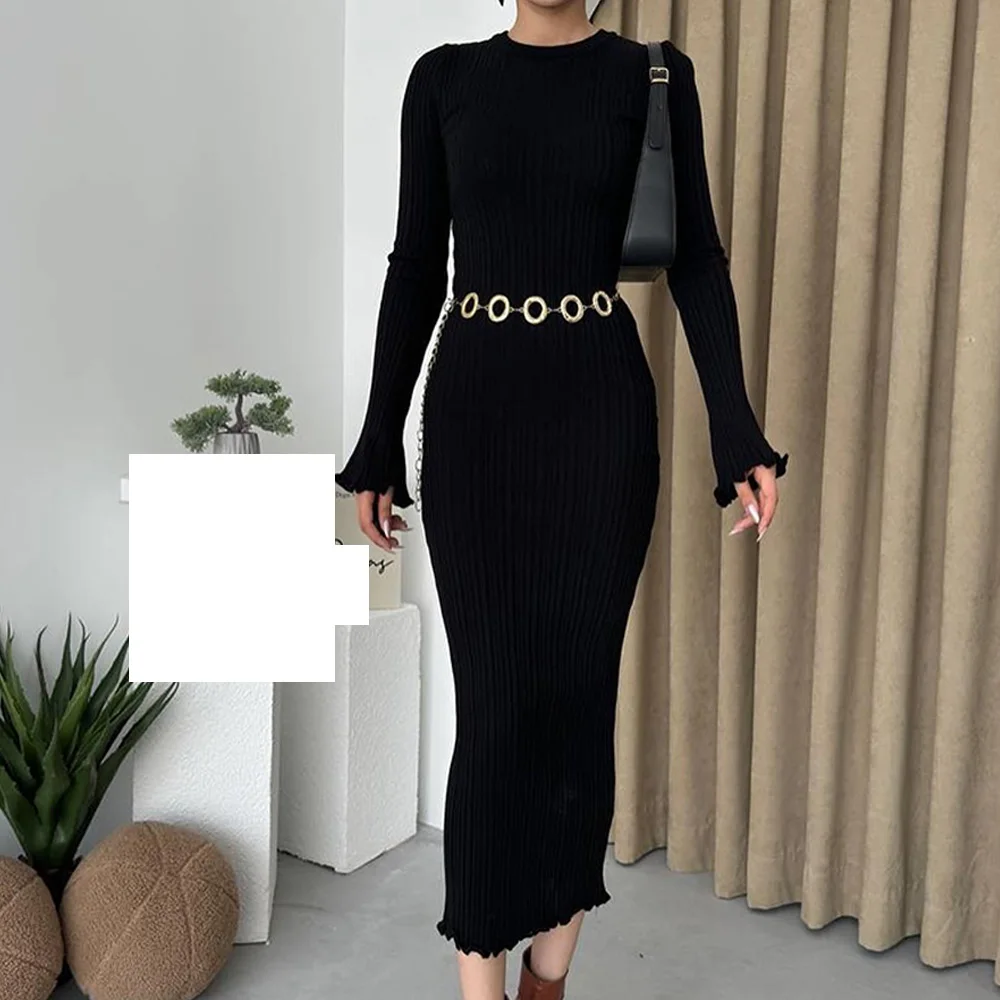 Exquisite Belt Flare sleeves Jersey Evening Dresses Fashion Straight Tea Length Crew neck Long Sleeves Special Occasion Gowns