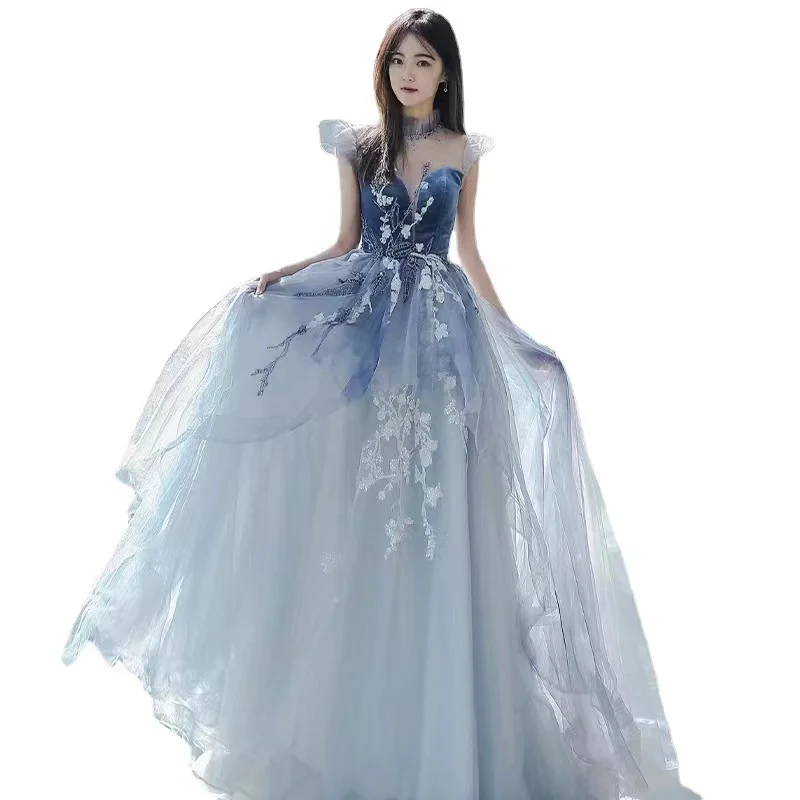 Nouvelles Robes De bal bleu clair a-ligne col haut étoilé brillant Appliques manches bouffantes Robes De soirée De mariage Robes De soirée