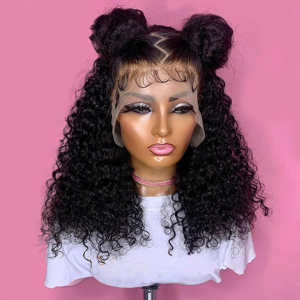 Babyhair-peluca larga de encaje frontal para mujeres negras, pelo rizado y suave de 26 pulgadas y 180de densidad, color negro, resistente al calor, predesplumada, sin pegamento, uso diario