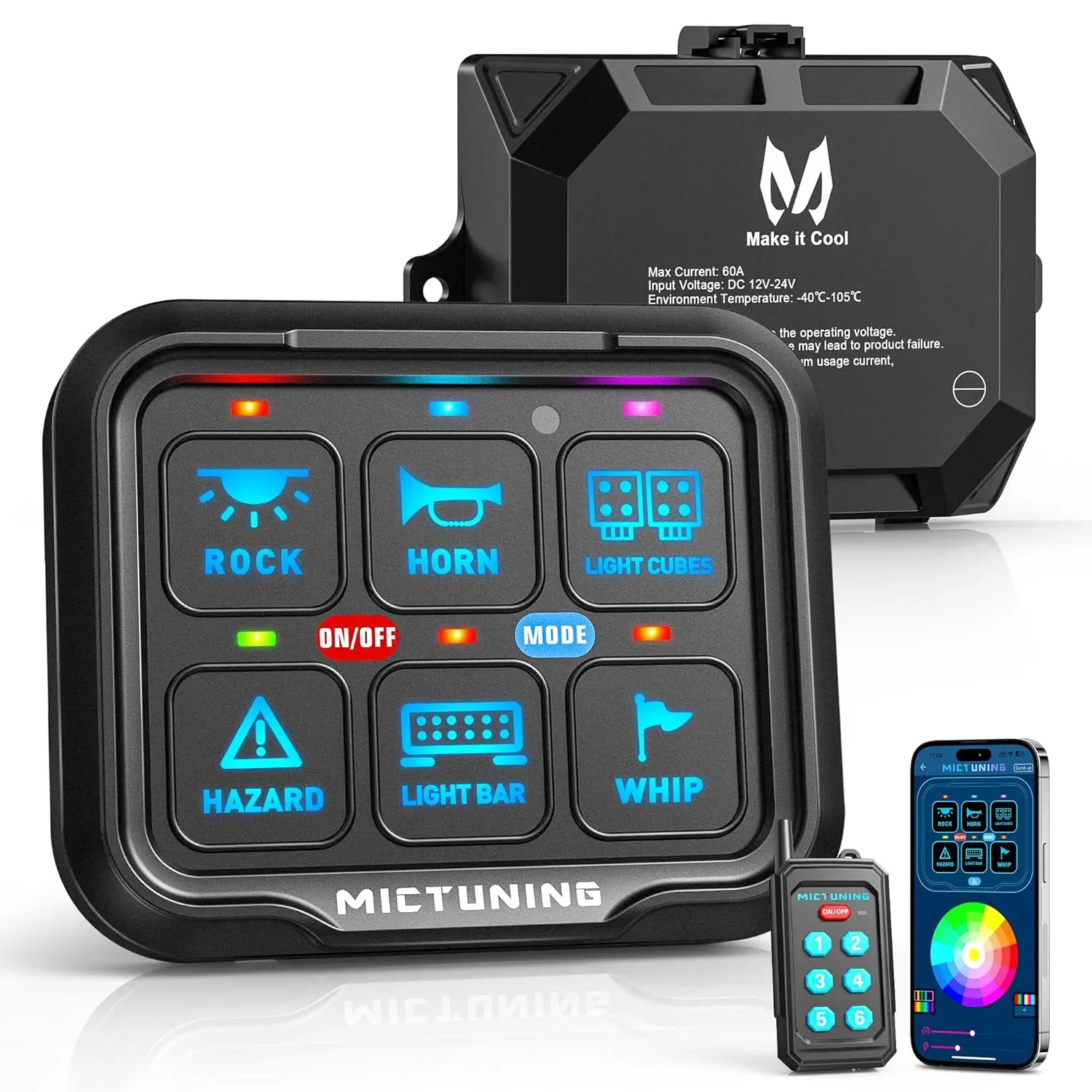 

MICTUNING P8Y 6 Gang Switch Panel,Bluetooth RGB APP&Remote Control 230FT 433MHZ Long Range,Auto Dimmable For Truck RV Marine SUV