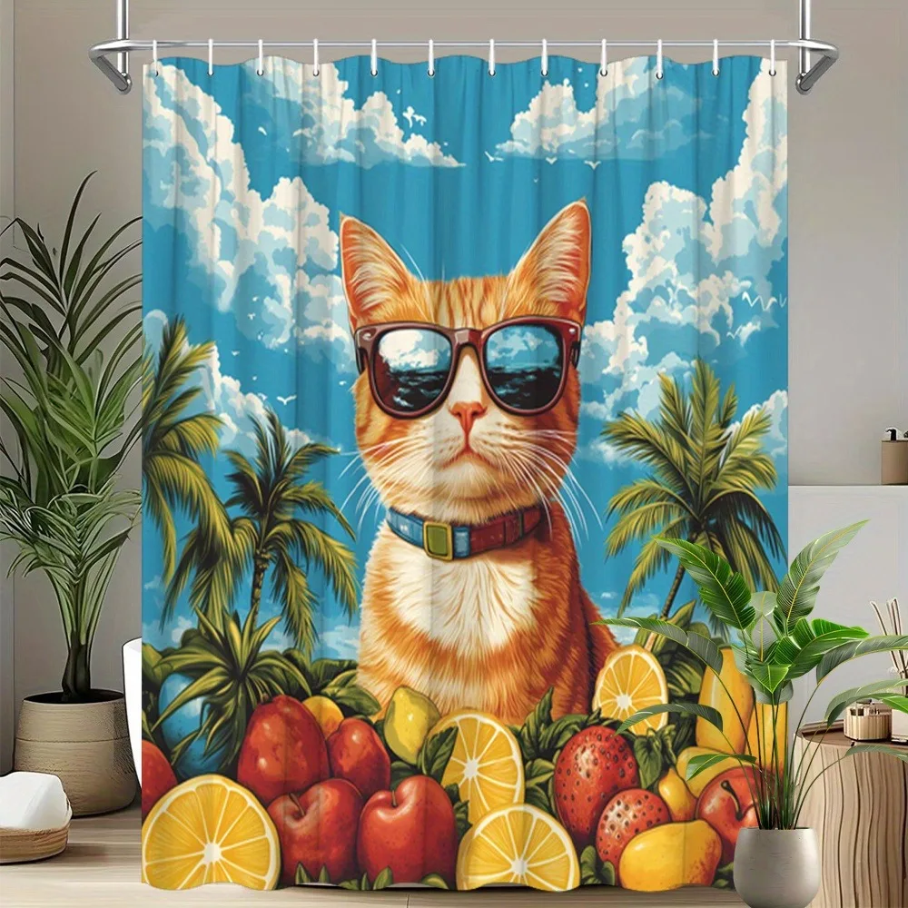

Занавеска для душа с тропическим котом и атмосферой отпуска, моющаяся грязеотталкивающая насадка для душа, водонепроницаемая полиэстеровая занавеска для ванны