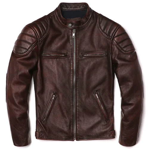 Imagen 2 del producto 2025 Chaqueta de cuero genuino marrón Vintage Cuero de vaca Natural Real hombres motocicleta Biker abrigo para hombre abrigo de piel de becerro delgado