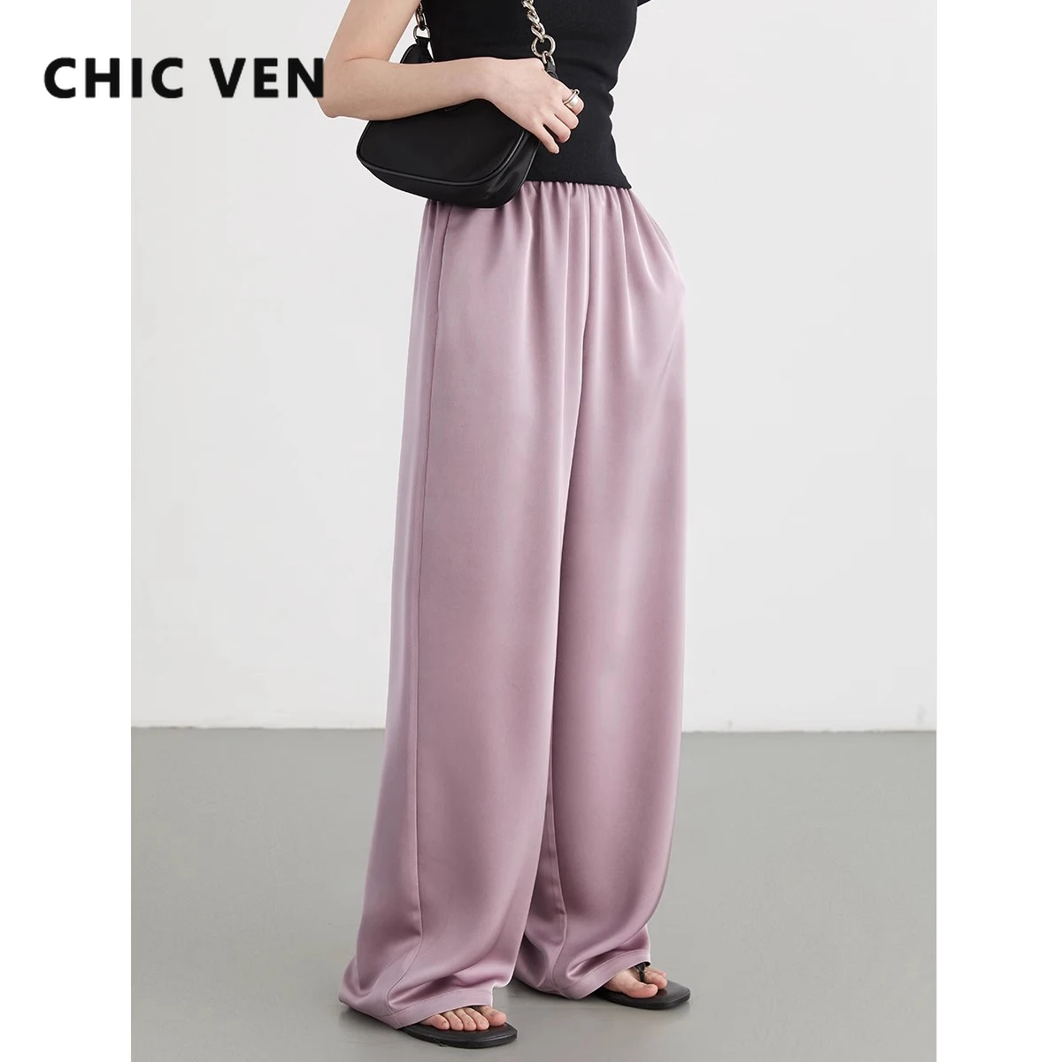 

CHIC VEN Women Pants Solid New Elastic High Waisted Casual Wide Leg Pant Female Trousers Office Lady Clothing Summer 2024