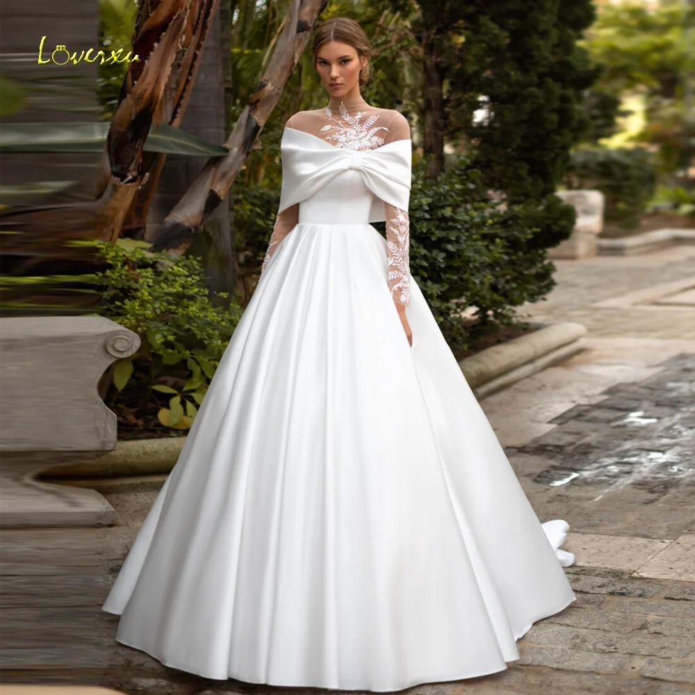 

Loverxu A-Line Elegant Wedding Dresses 2024 High Neck Long Sleeve 2 In 1 Vestido De Novia Appliques Matte Satin Robe De Mariee