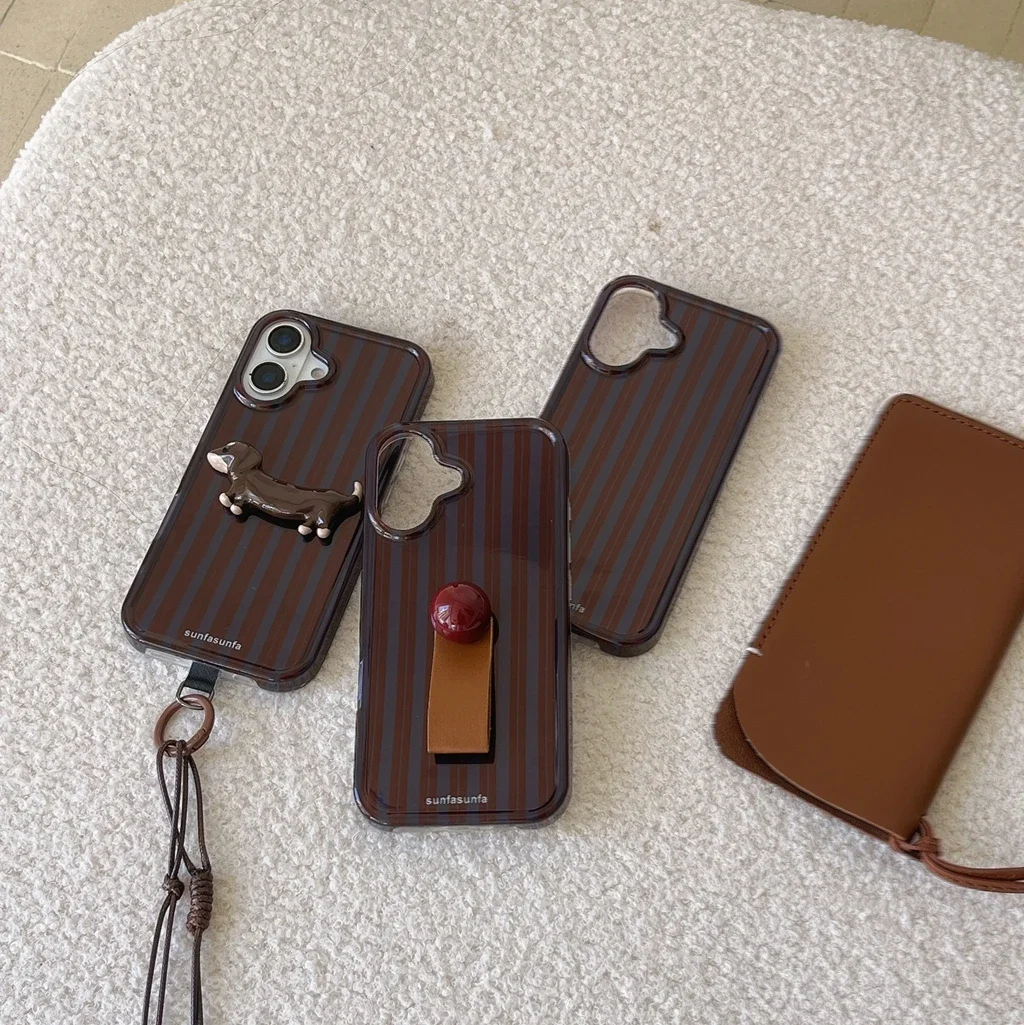 Red Brown Stripe Ring Buckle With Holder Dachshund Dog Long Hanging Chain Phone Cover Case for iPhone 16 15 14 13 12 Pro Max