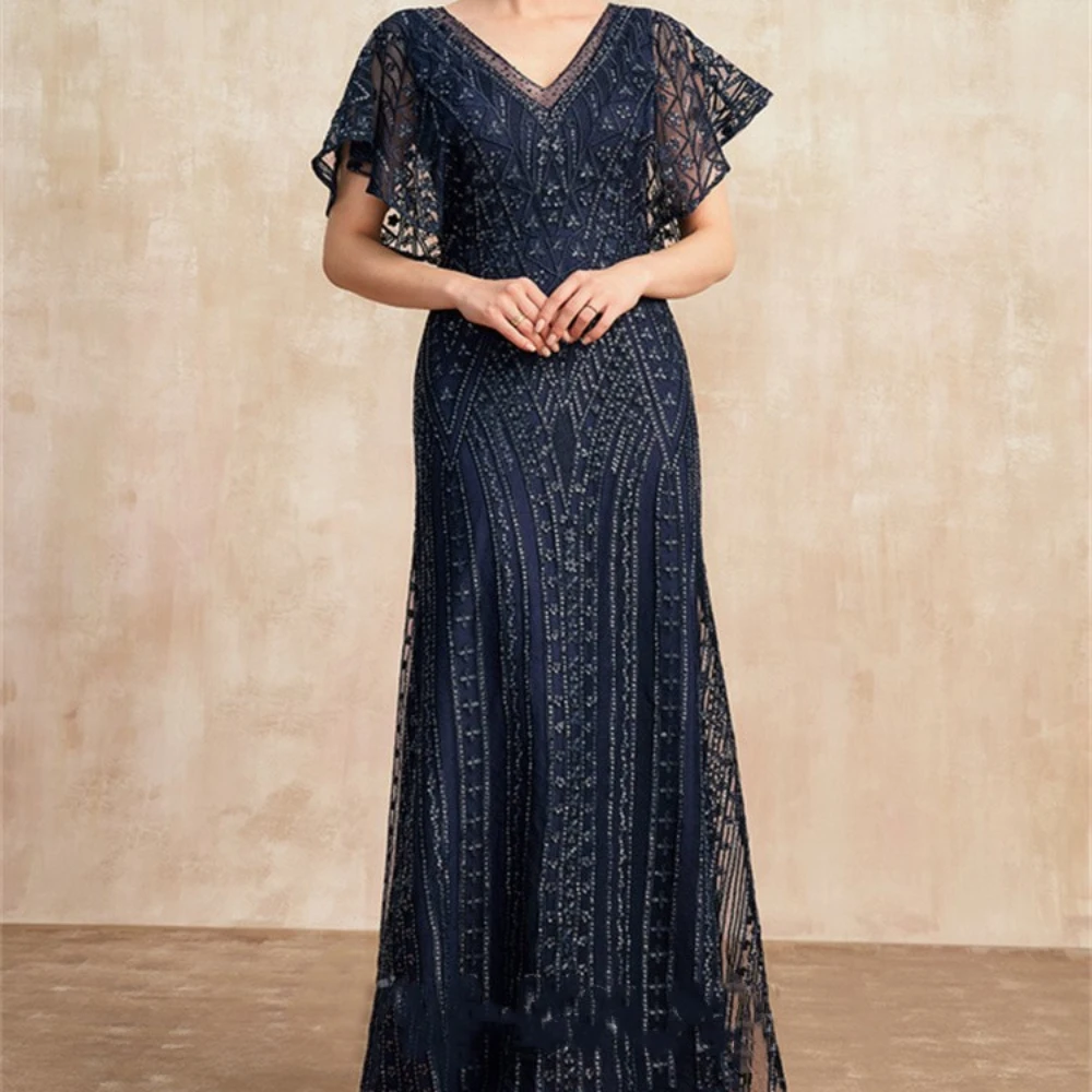 Sheath/Column V-Neck Floor-Length Lace Mother of Bride Dress With Sequins Elegant Women Guest Gowns for Wedding Party Classic