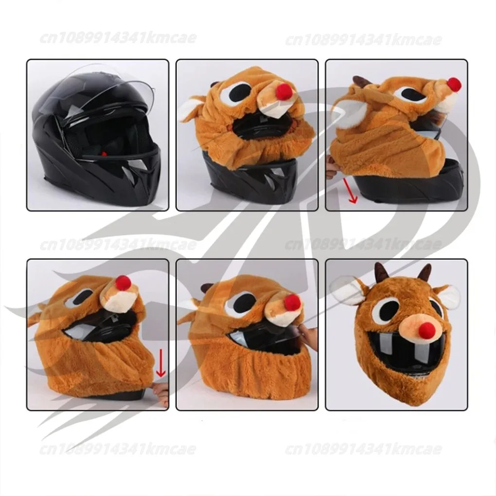 Universal Motorcycle Christmas Helmet Cover Cartoon Elk Santa Claus Fluffy Plush Set Christmas Cosplay Splicing Head Cover image 4