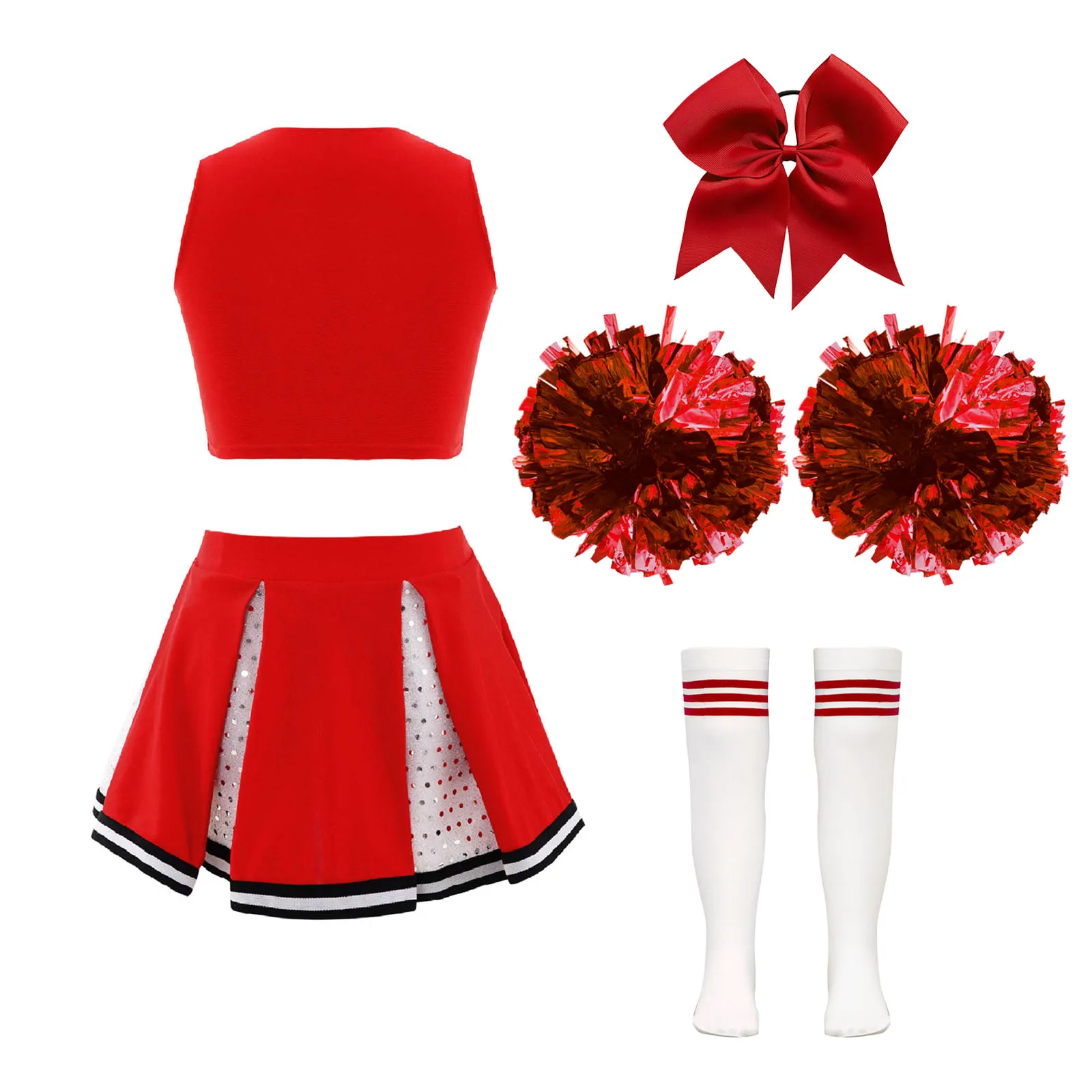 Costume de pom-pom girl pour enfants, uniforme de danse, tenue de pom-pom girl, haut court à paillettes, jupe avec chaussettes, ensemble de vêtements de danse pour filles d'école