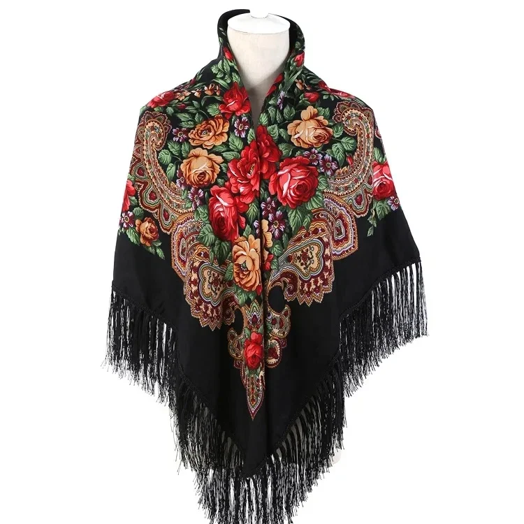 Russian Cloak Large Flower Printed Generous Scarf Women's Shawl Warm Autumn Winter multi-function Scarf Ponchos Capes Rose Red