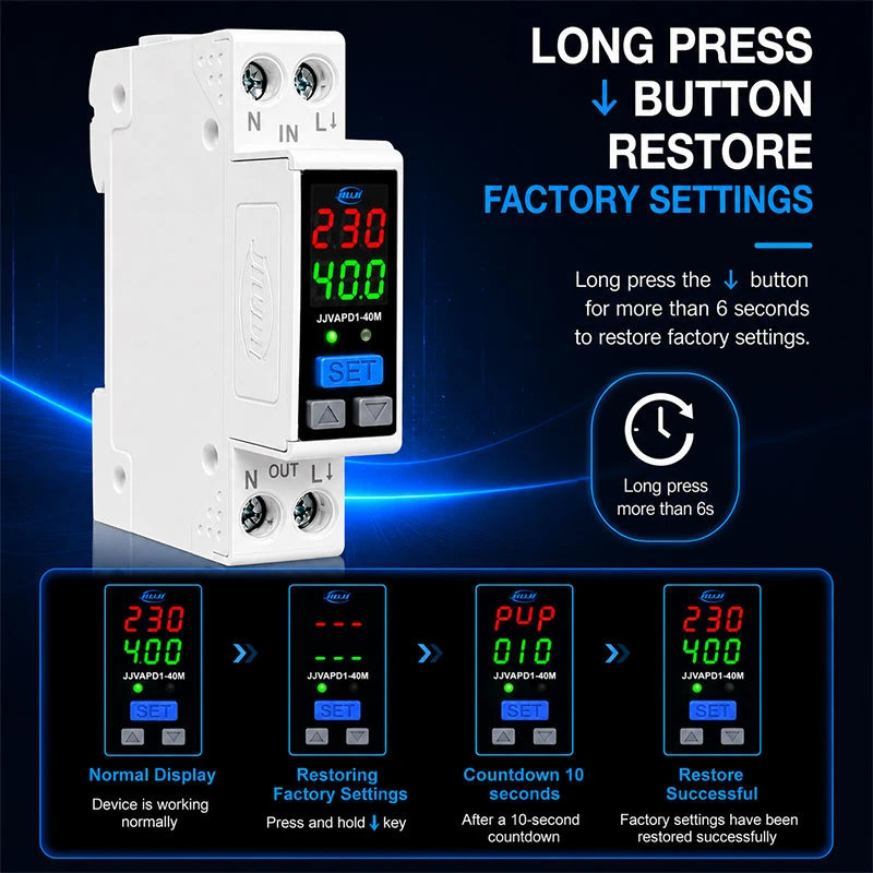 DIN Rail Adjustable Overvoltage Protector 100-300V Undervoltage Protection 80-280V Protector Overcurrent Protection LED Display