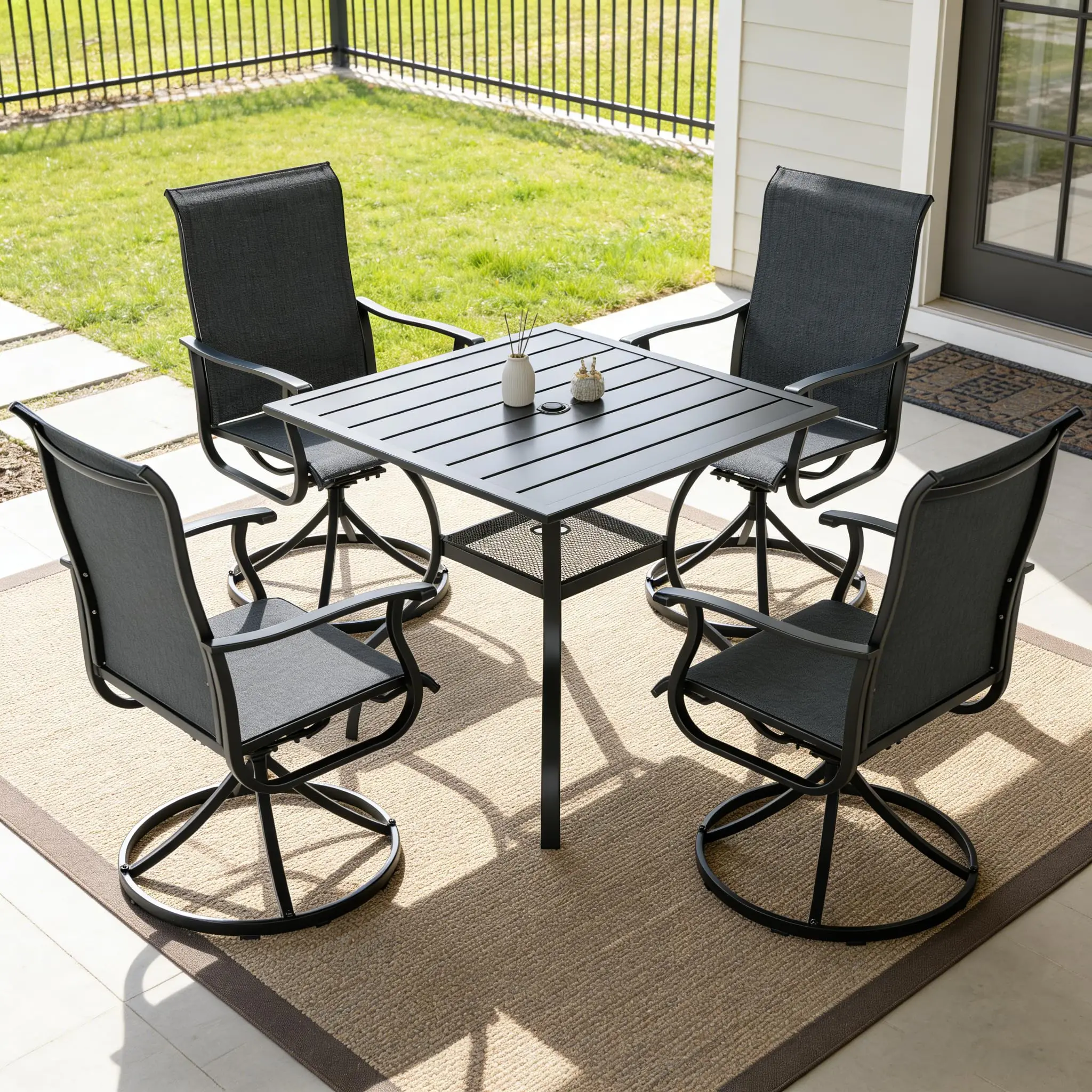 5-Piece Outdoor Patio Dining Set, All Weather Square Metal Table & 4 Black Swivel Textilene Mesh Chairs, Weather